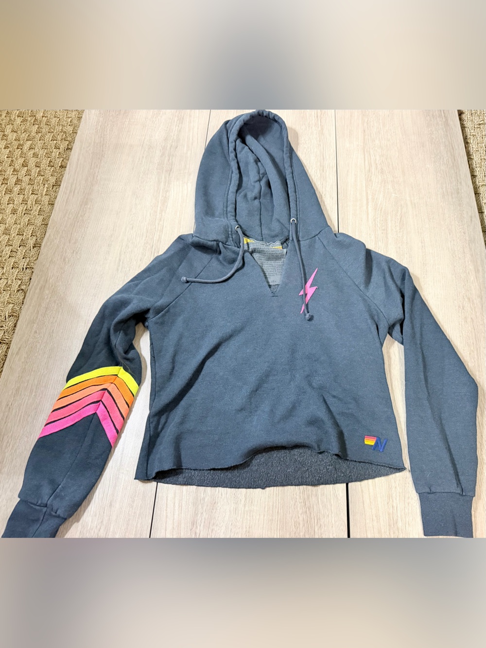 Aviator Nation Charcoal Crewneck Hoodie with Rainbow Chevron Sleeve